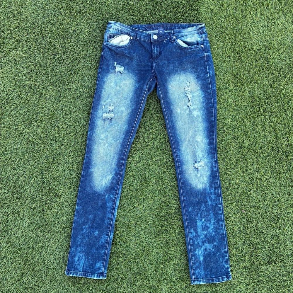 Y2K Blue Faith Jeans Mens 32x32 Slim Fit Denim Medium Acid Wash Faded Skate 90s